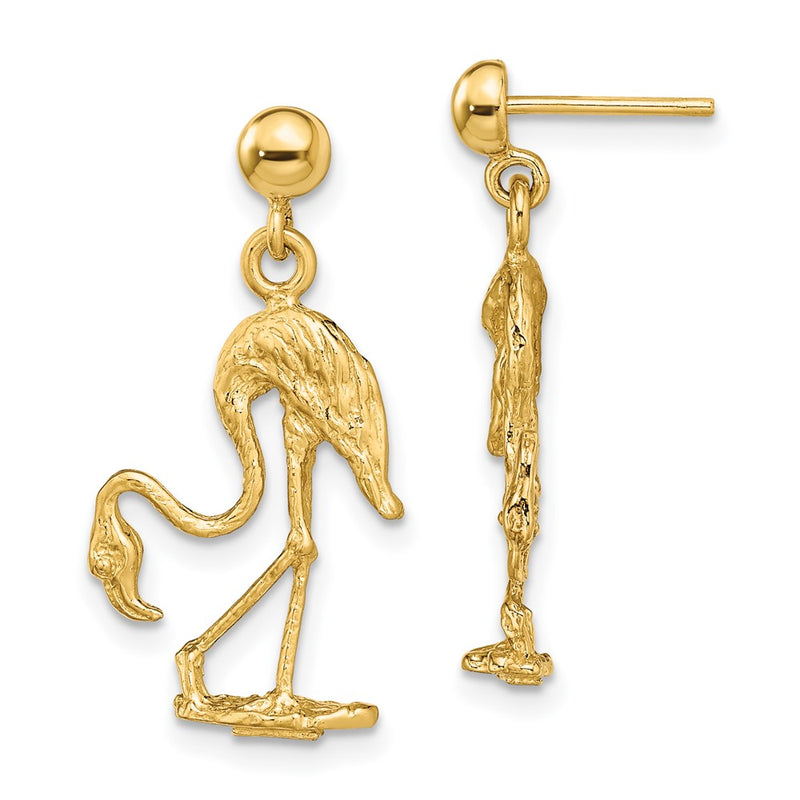 14K Yellow Gold 3-D Flamingo Dangle Earrings