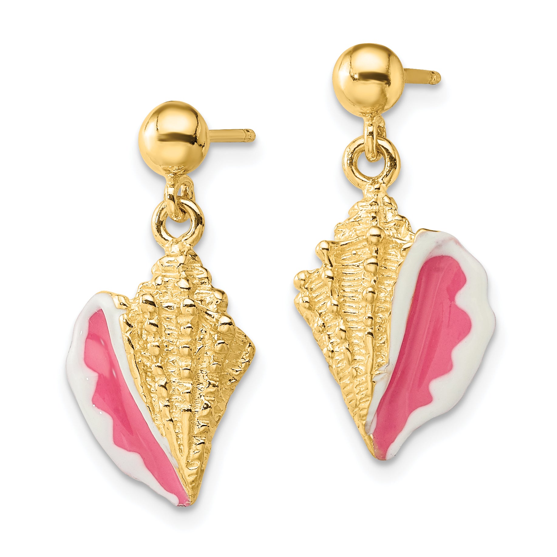 14K Yellow Gold White And Pink Enamel Conch Shell Dangle Earrings