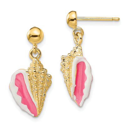14K Yellow Gold White And Pink Enamel Conch Shell Dangle Earrings