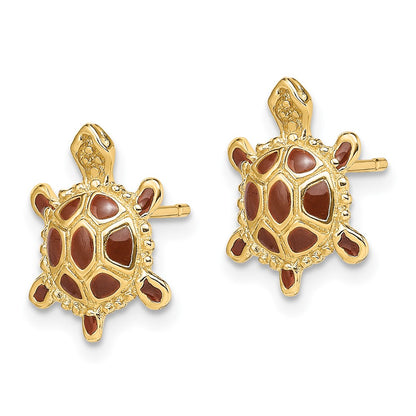 14K Yellow Gold Sea Turtle W/Spiny Brown Enamel Shell Earrings