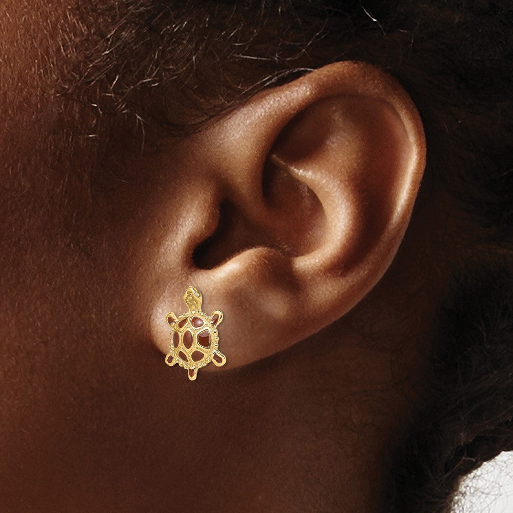 14K Yellow Gold Sea Turtle W/Spiny Brown Enamel Shell Earrings