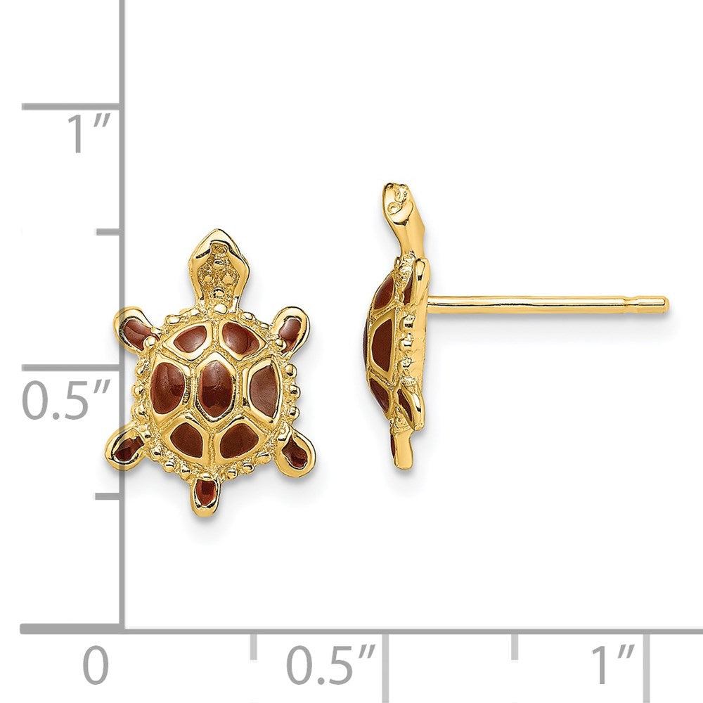 14K Yellow Gold Sea Turtle W/Spiny Brown Enamel Shell Earrings
