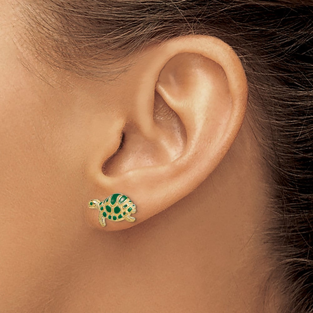 14K Yellow Gold Green Enamel Turtle Post Earrings