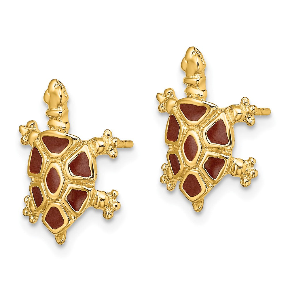 14K Yellow Gold W/ Brown Enamel Tortoise Post Earrings