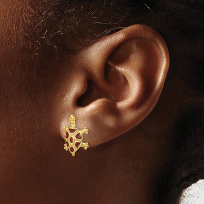 14K Yellow Gold W/ Brown Enamel Tortoise Post Earrings