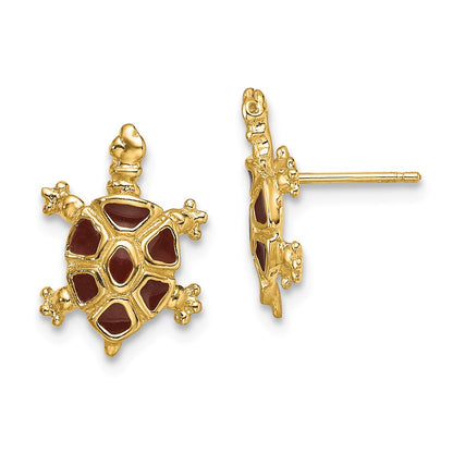 14K Yellow Gold W/ Brown Enamel Tortoise Post Earrings