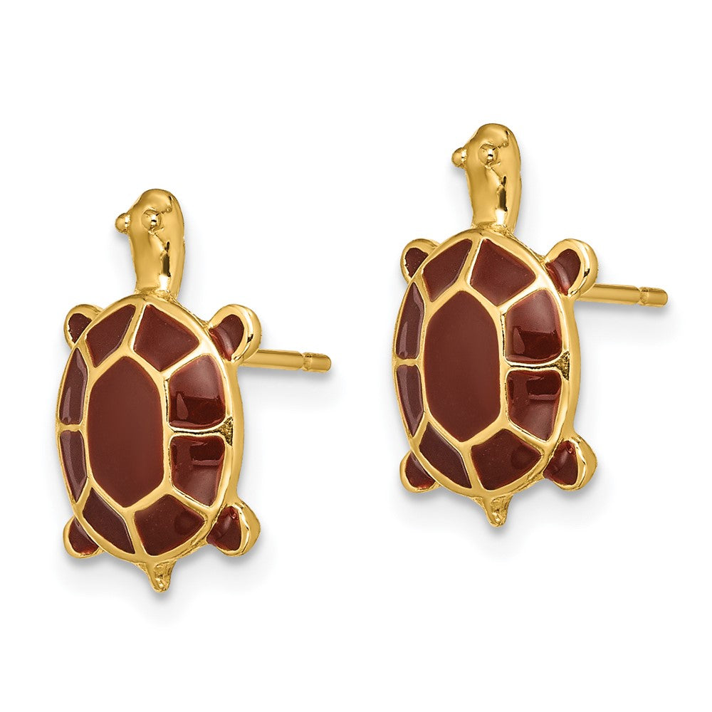 14K Yellow Gold W/ Brown Enamel Sea Turtle Post Earrings