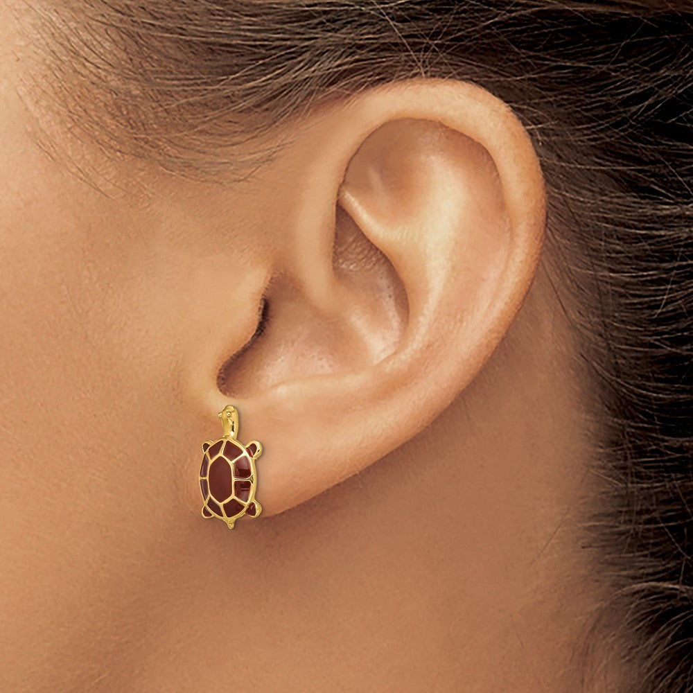 14K Yellow Gold W/ Brown Enamel Sea Turtle Post Earrings