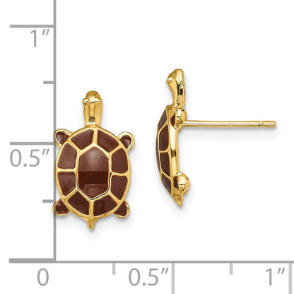 14K Yellow Gold W/ Brown Enamel Sea Turtle Post Earrings