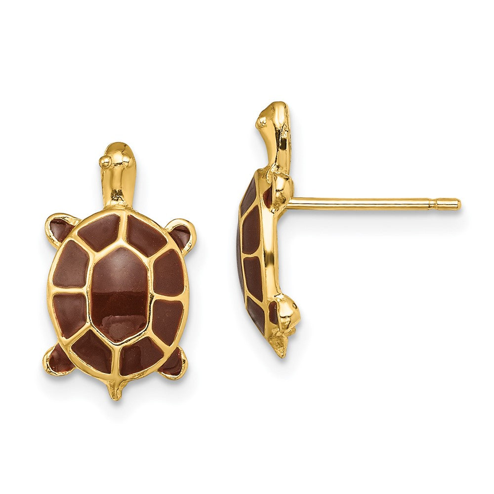14K Yellow Gold W/ Brown Enamel Sea Turtle Post Earrings