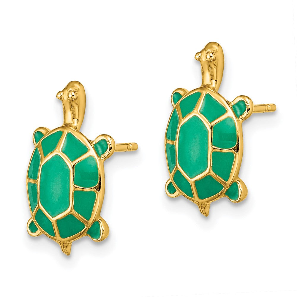 14K Yellow Gold Land Turtle W/Green Enamel Shell Earrings