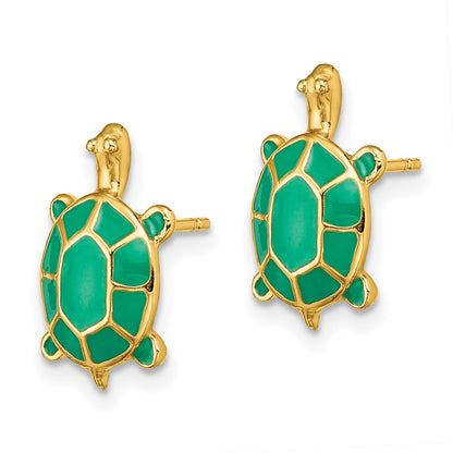 14K Yellow Gold Land Turtle W/Green Enamel Shell Earrings