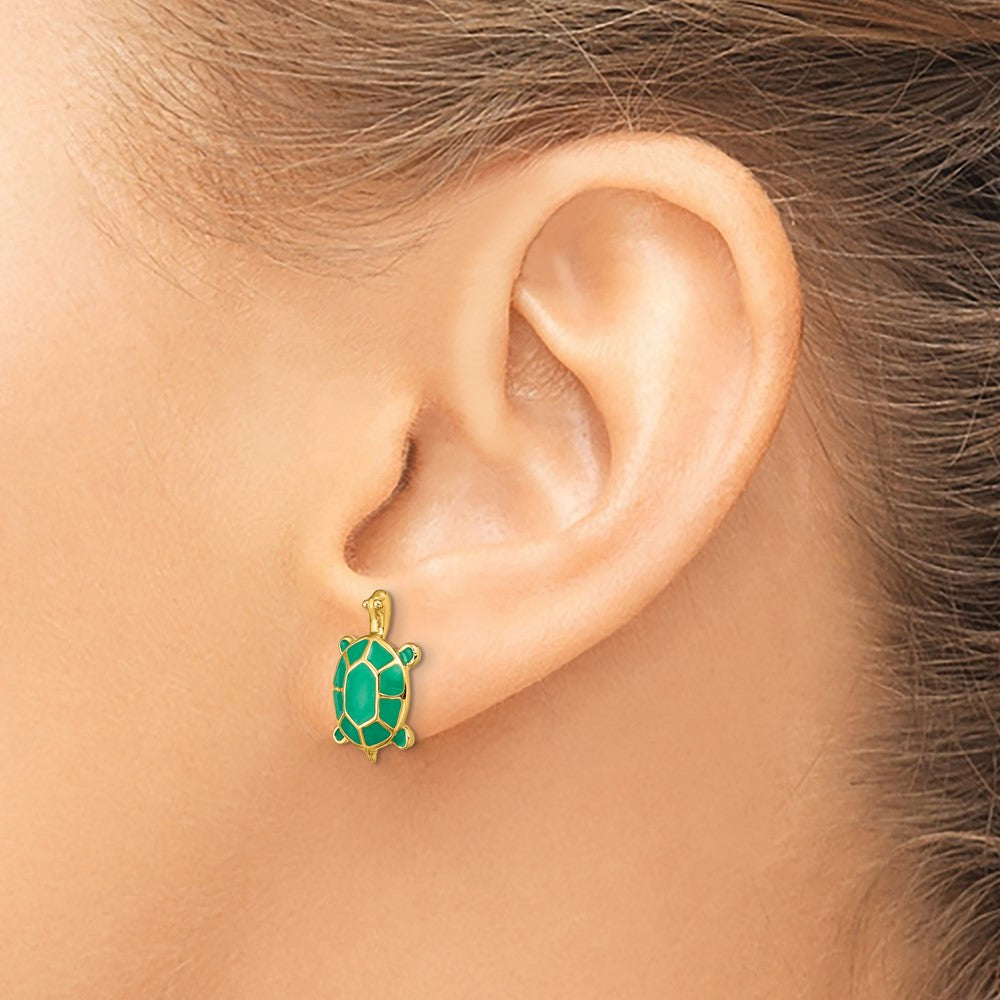 14K Yellow Gold Land Turtle W/Green Enamel Shell Earrings