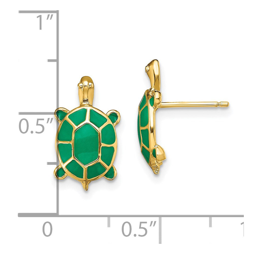 14K Yellow Gold Land Turtle W/Green Enamel Shell Earrings