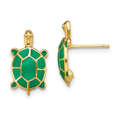 14K Yellow Gold Land Turtle W/Green Enamel Shell Earrings