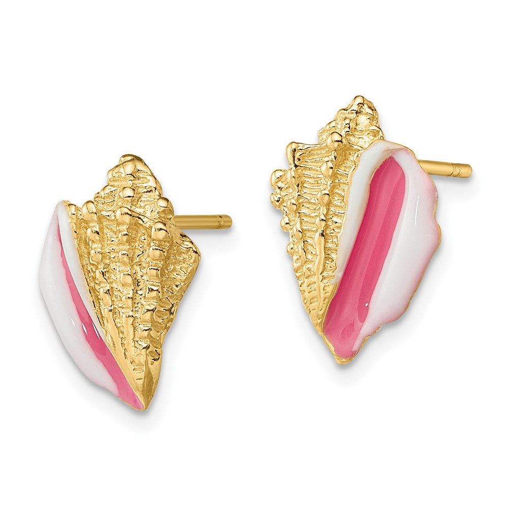 14K Yellow Gold White And Pink Enamel Conch Shell Post Earrings