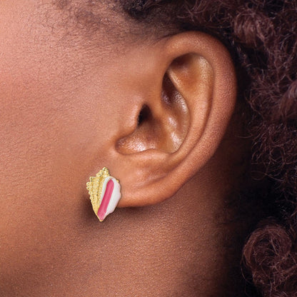 14K Yellow Gold White And Pink Enamel Conch Shell Post Earrings