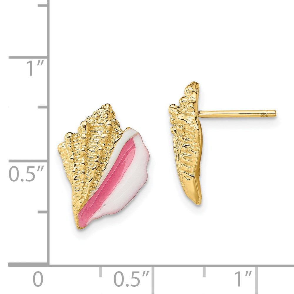 14K Yellow Gold White And Pink Enamel Conch Shell Post Earrings