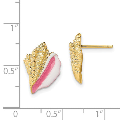 14K Yellow Gold White And Pink Enamel Conch Shell Post Earrings