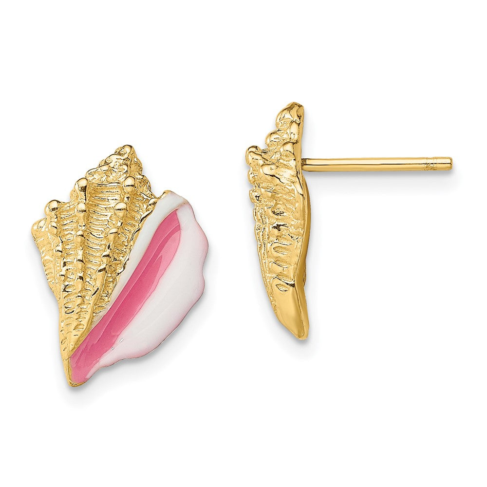 14K Yellow Gold White And Pink Enamel Conch Shell Post Earrings