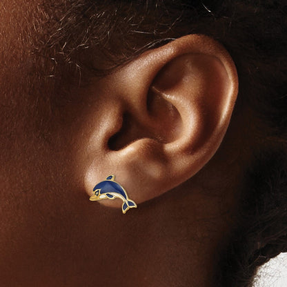 14K Yellow Gold Blue And White Enamel Dolphin Post Earrings