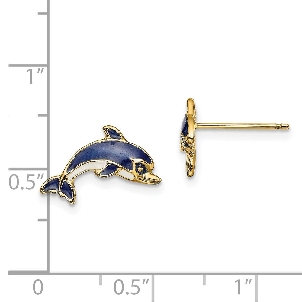 14K Yellow Gold Blue And White Enamel Dolphin Post Earrings