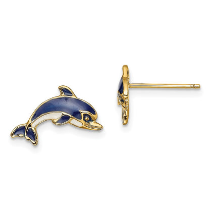 14K Yellow Gold Blue And White Enamel Dolphin Post Earrings