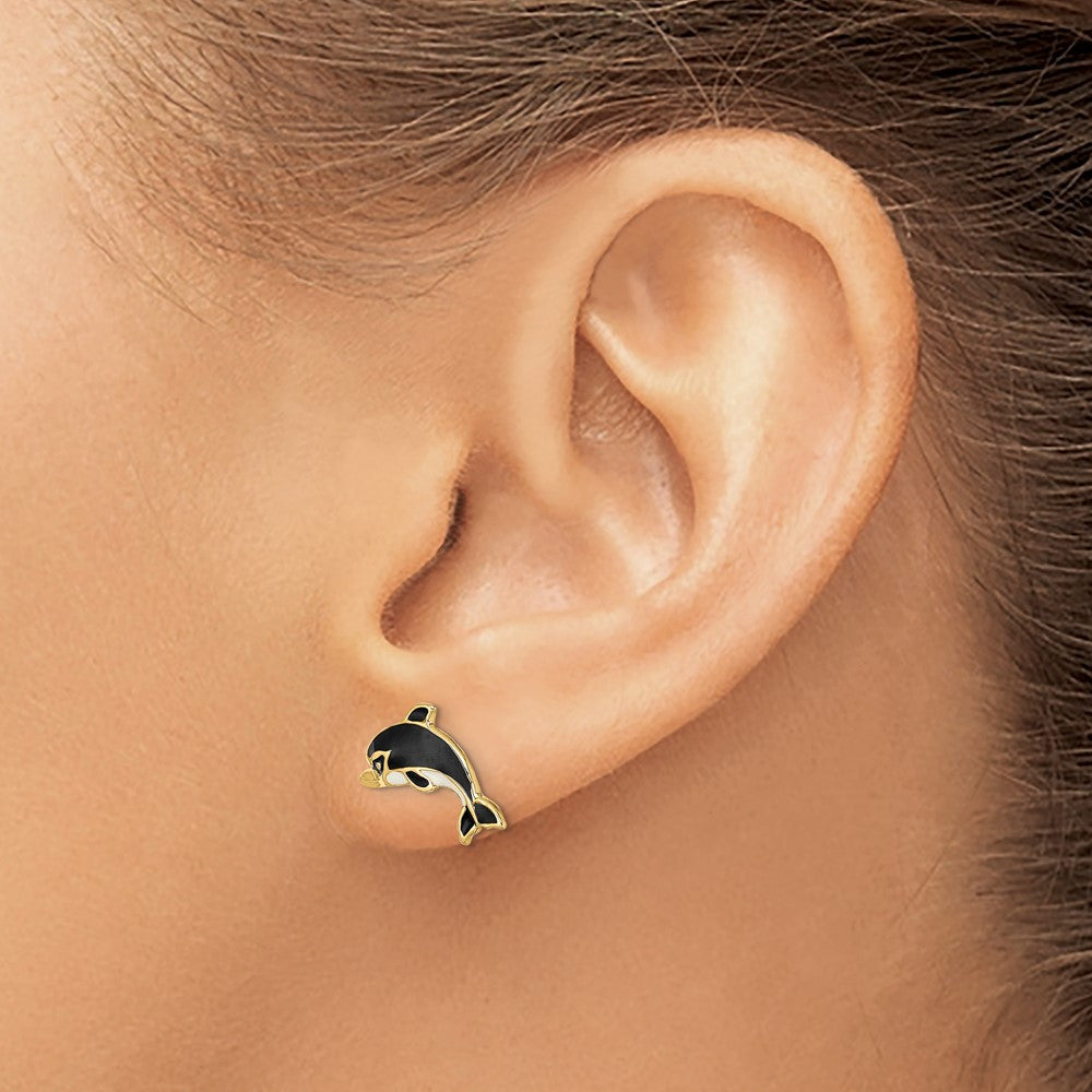 14K Yellow Gold White And Black Enamel Dolphin Post Earrings