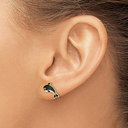 14K Yellow Gold White And Black Enamel Dolphin Post Earrings