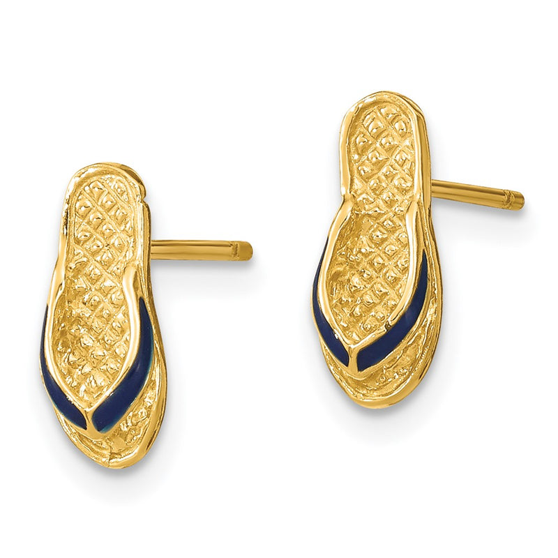 14K Yellow Gold 3D W/ Blue Enamel Single Flip-Flop Post Earrings