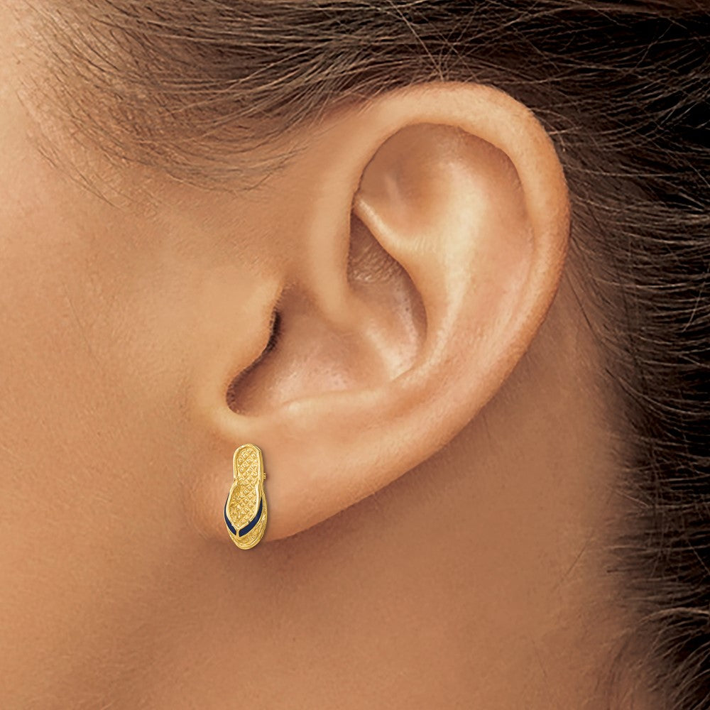14K Yellow Gold 3D W/ Blue Enamel Single Flip-Flop Post Earrings