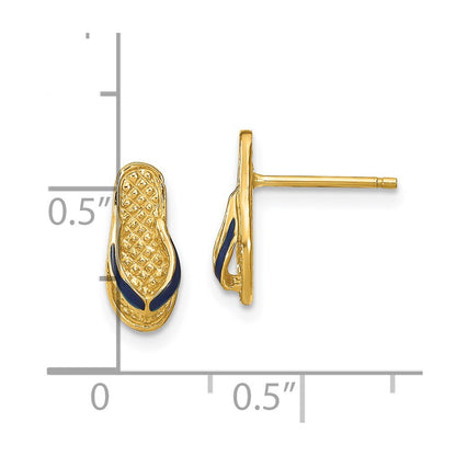 14K Yellow Gold 3D W/ Blue Enamel Single Flip-Flop Post Earrings