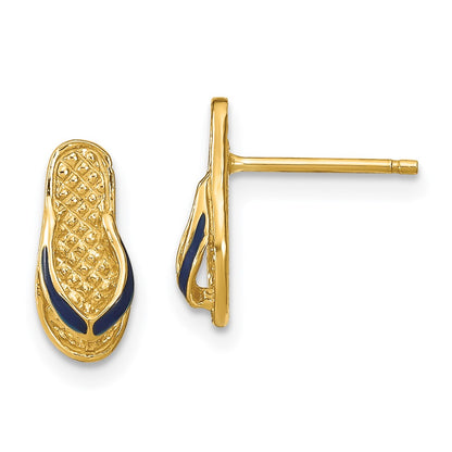 14K Yellow Gold 3D W/ Blue Enamel Single Flip-Flop Post Earrings