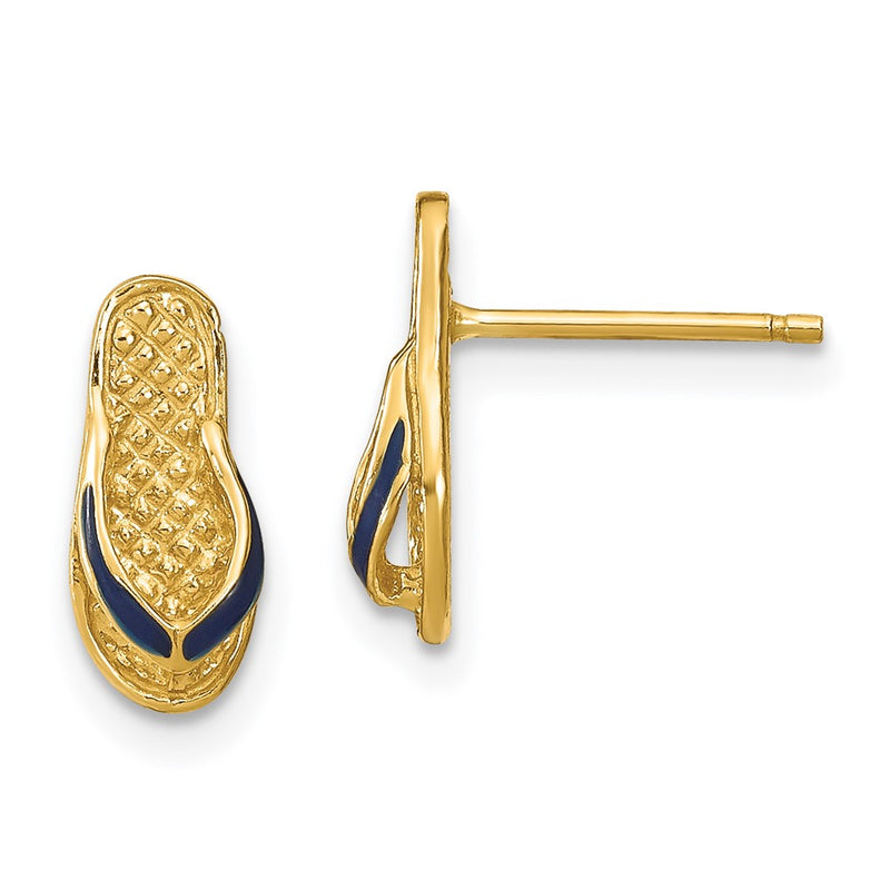 14K Yellow Gold 3D W/ Blue Enamel Single Flip-Flop Post Earrings