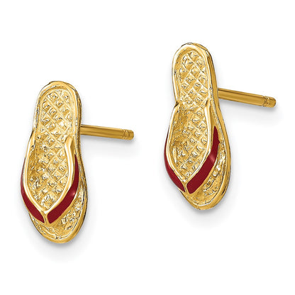14K Yellow Gold 3D W/ Fuschia Enamel Single Flip-Flop Post Earrings