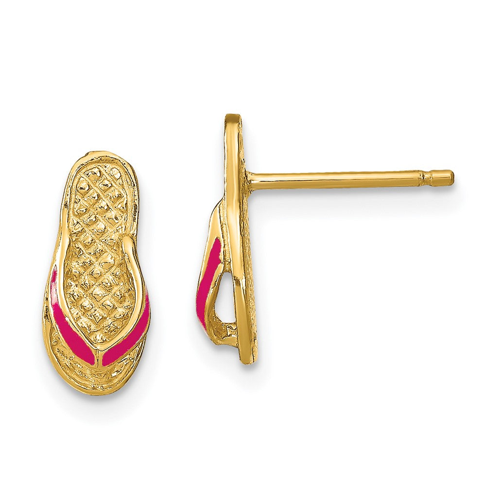 14K Yellow Gold 3D W/ Fuschia Enamel Single Flip-Flop Post Earrings