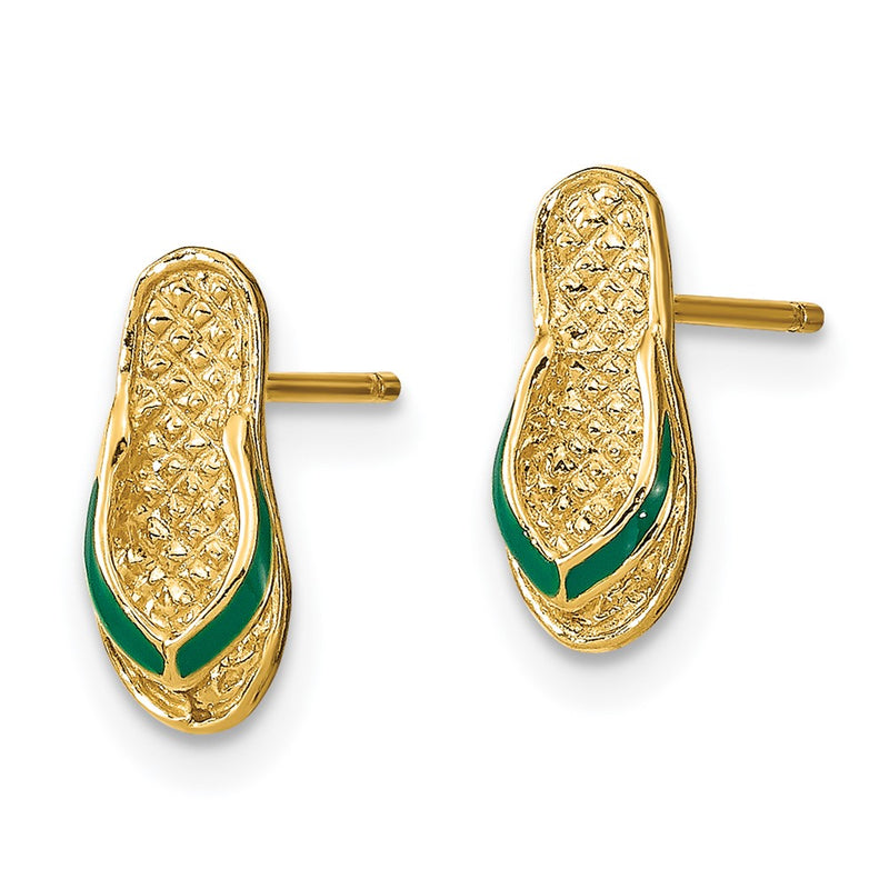 14K Yellow Gold 3D W/ Green Enamel Flip-Flop Earrings