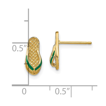 14K Yellow Gold 3D W/ Green Enamel Flip-Flop Earrings
