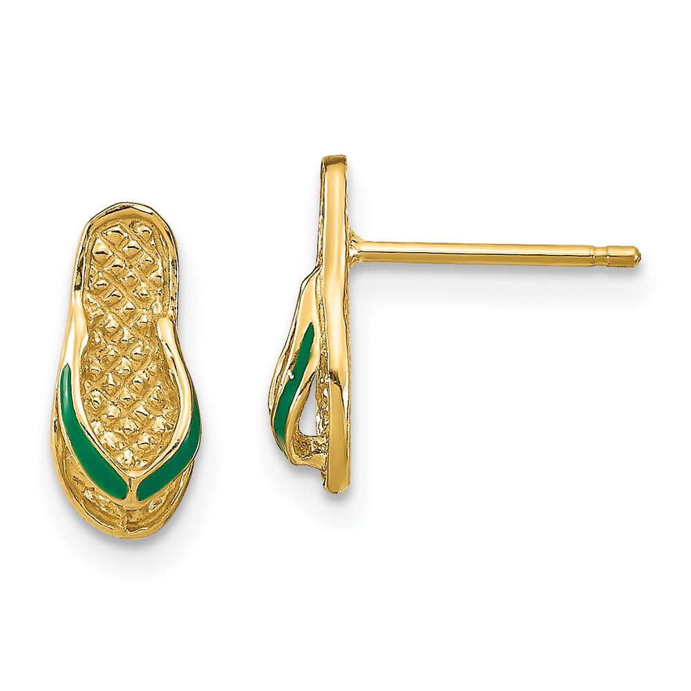 14K Yellow Gold 3D W/ Green Enamel Flip-Flop Earrings