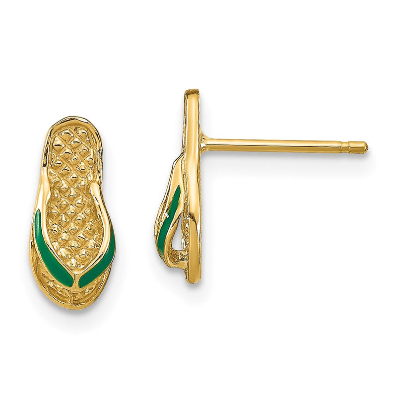 14K Yellow Gold 3D W/ Green Enamel Flip-Flop Earrings