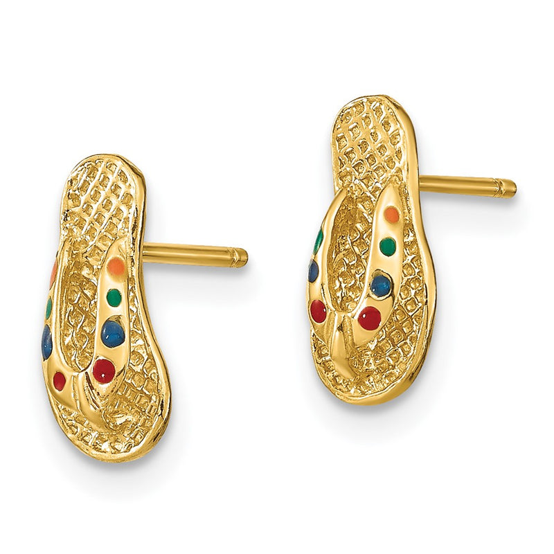 14K Yellow Gold 3D W/ Multi-Color Enamel Flip-Flop Earrings