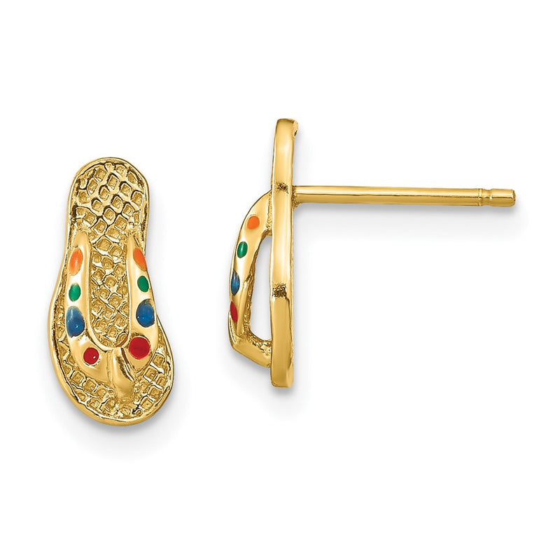 14K Yellow Gold 3D W/ Multi-Color Enamel Flip-Flop Earrings
