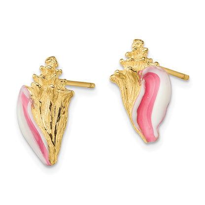 14K Yellow Gold White And Pink Enamel Conch Shell Post Earrings