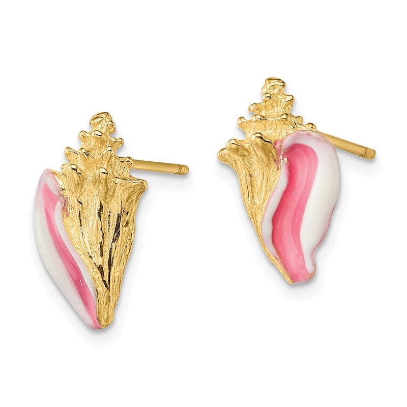 14K Yellow Gold White And Pink Enamel Conch Shell Post Earrings