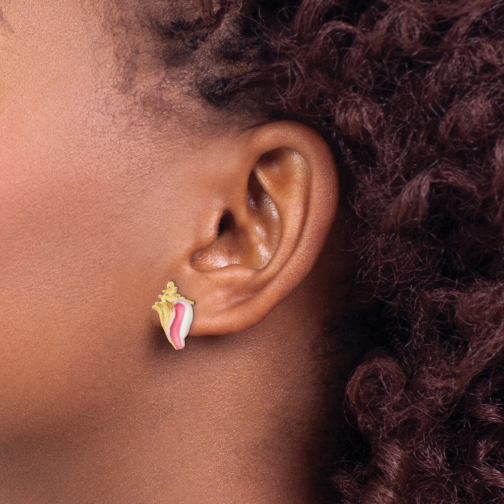 14K Yellow Gold White And Pink Enamel Conch Shell Post Earrings