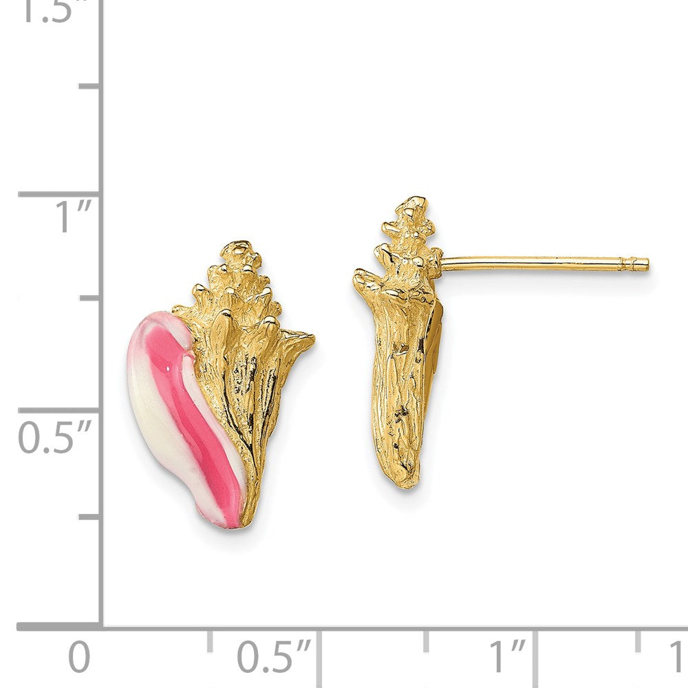 14K Yellow Gold White And Pink Enamel Conch Shell Post Earrings