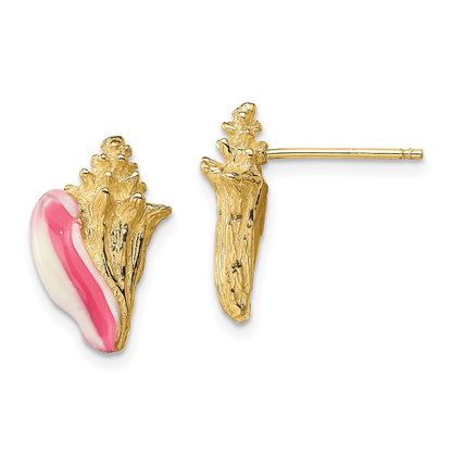 14K Yellow Gold White And Pink Enamel Conch Shell Post Earrings
