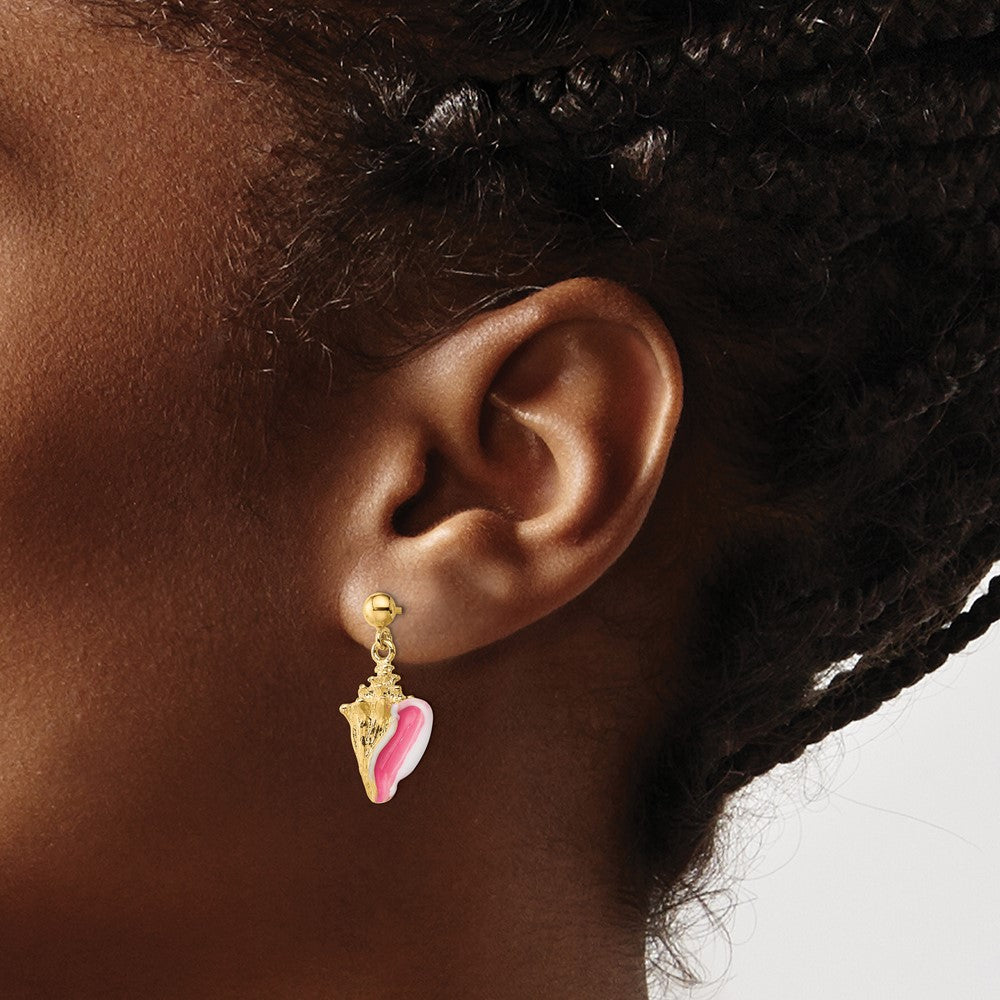 14K Yellow Gold White And Pink Enamel Conch Shell Dangle Earrings