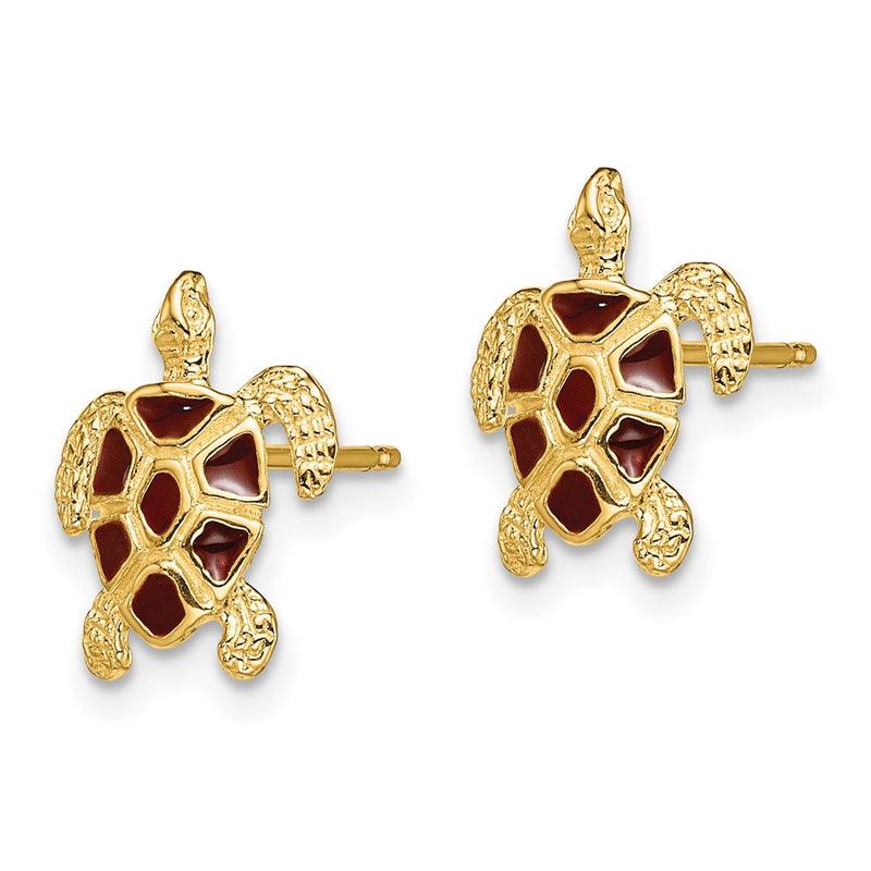 14K Yellow Gold Sea Turtle W/Brown Enamel Shell / Textured Post Earrings
