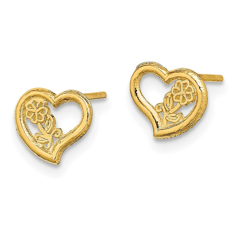 14K Yellow Gold Open Heart W/ Flower Post Earrings